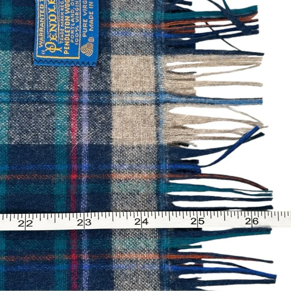 Pendleton Blue Virgin Wool Fringed Heritage Plaid Blanket Scarf Unisex USA Made